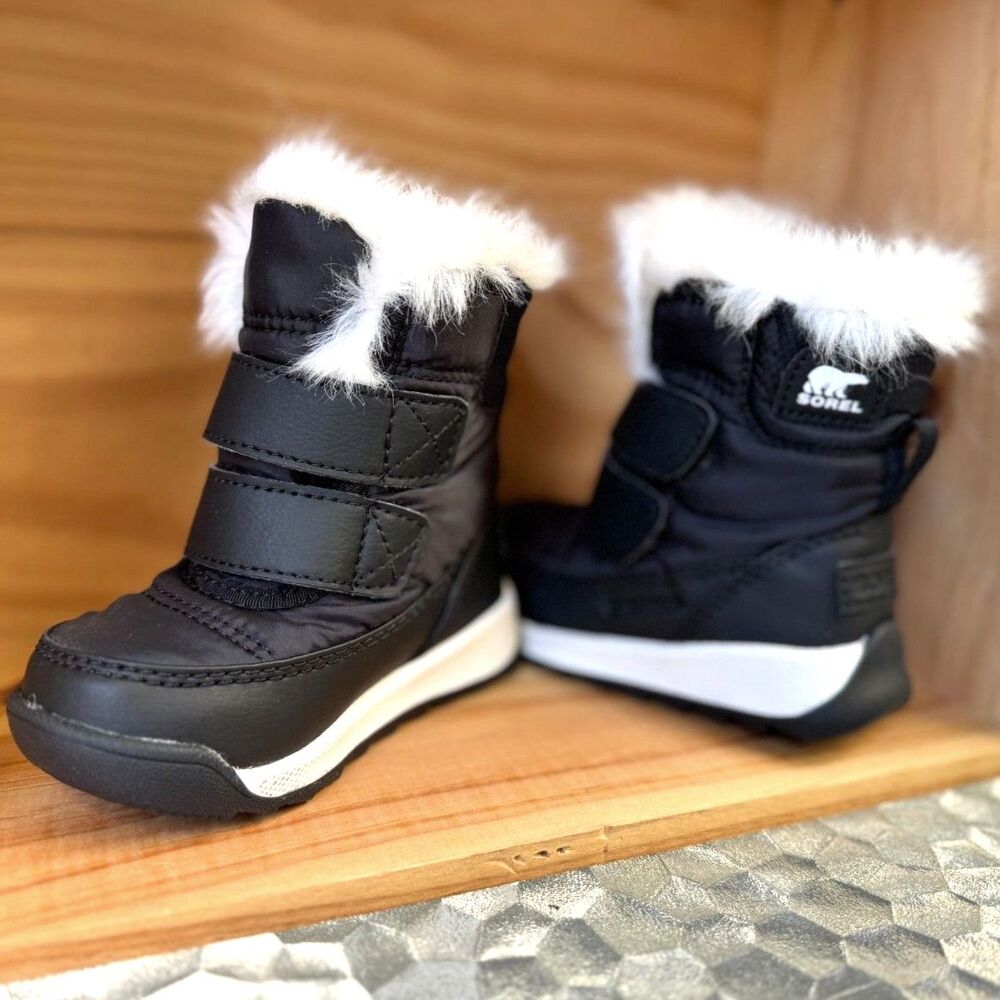 Sorel Kids Whitney II Strap Black Winter White Faux Fur Snow Boots Size 5